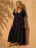 Wide Viscose Dress with Brown Button Detail – Black & Beige