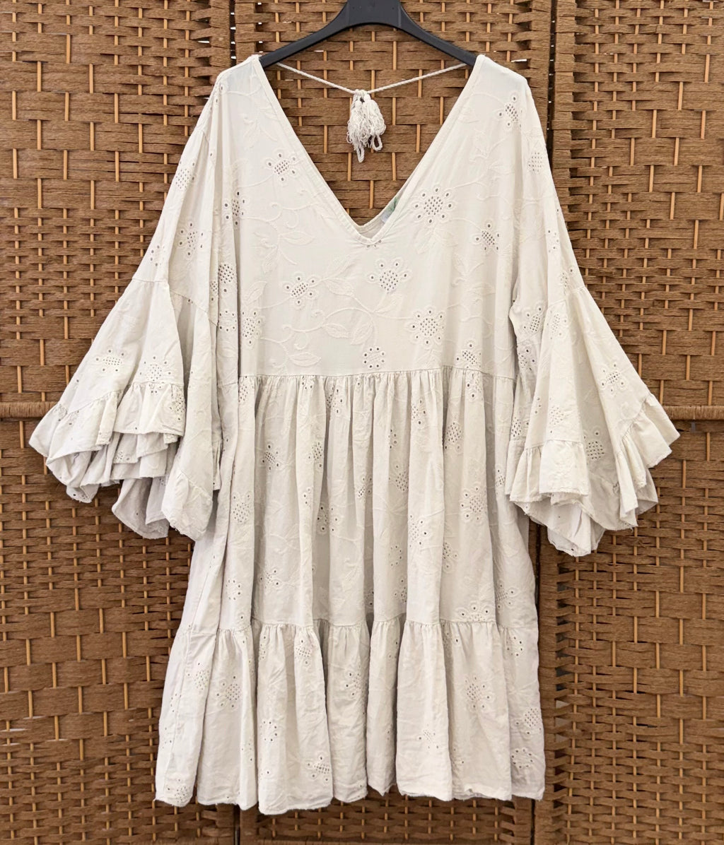 Cotton Eyelet Dress – Wide Sleeves in Light Blue, Beige & Dark Beige
