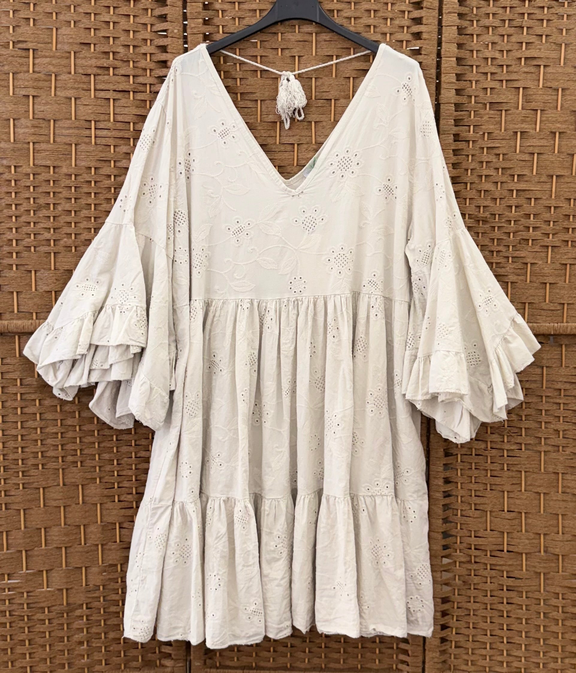 Cotton Eyelet Dress – Wide Sleeves in Light Blue, Beige & Dark Beige