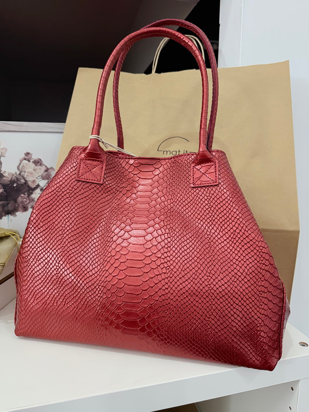 Red Orange Snake Print Leather Handbag