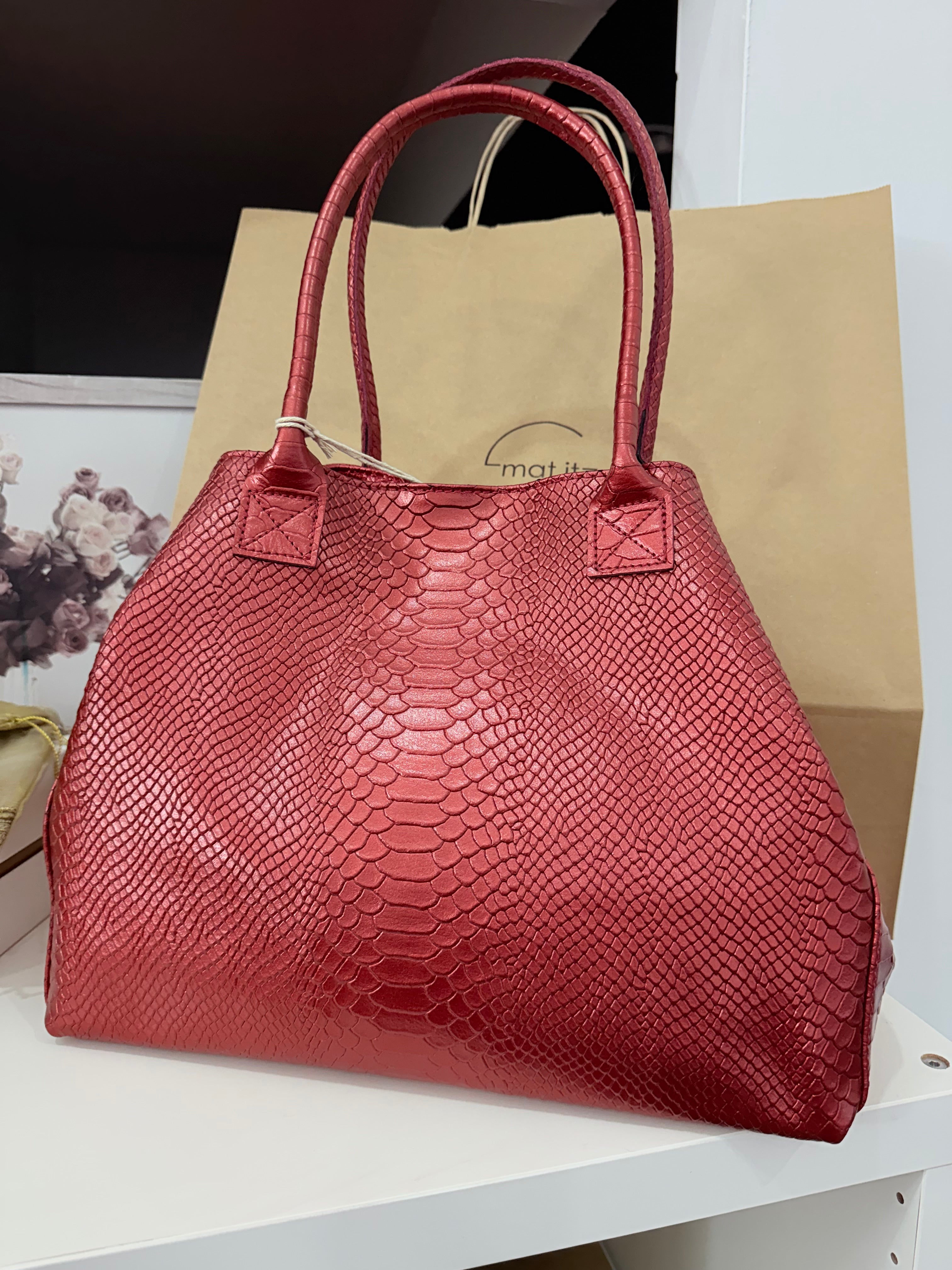 Red Orange Snake Print Leather Handbag