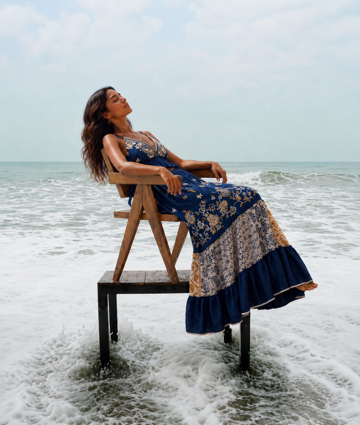 Boho Viscose Skirt – Dark Blue & Golden Embroidery