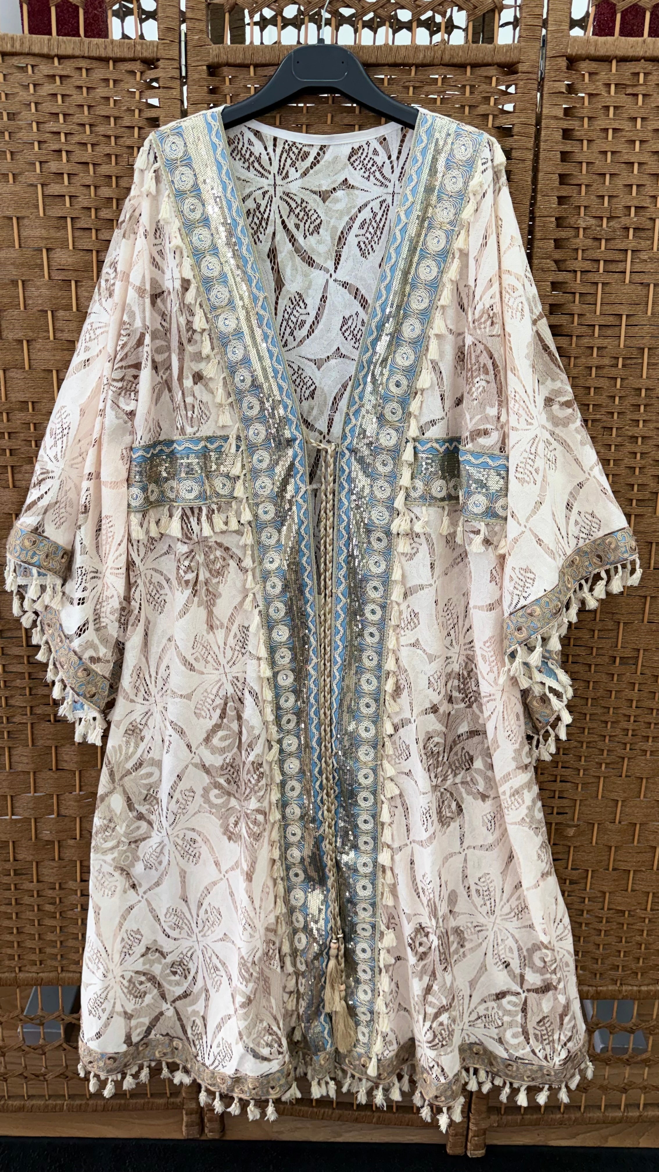 Lace Kimono Kaftan – Beige & Brown with Gold & Blue Details