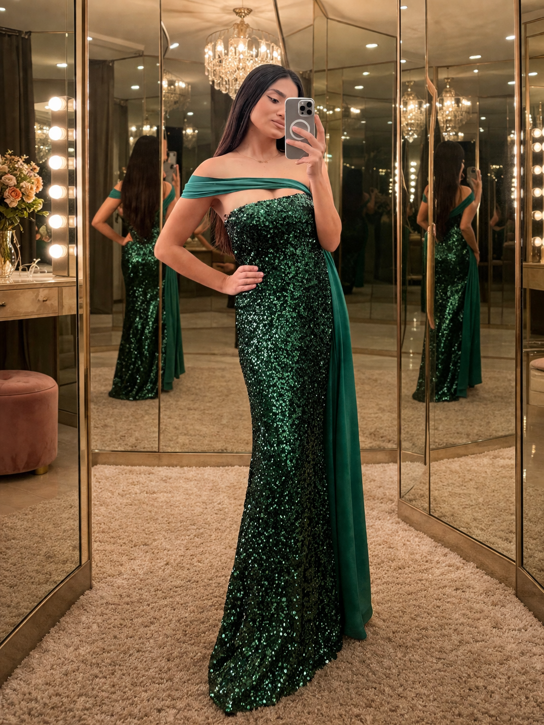 Silver & Dark Green Sequin Strapless Evening Dress