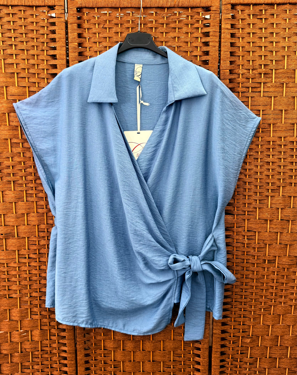 Viscose Blouse with Side Tie – Plus Size in Light Blue & White