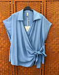 Viscose Blouse with Side Tie – Plus Size in Light Blue & White