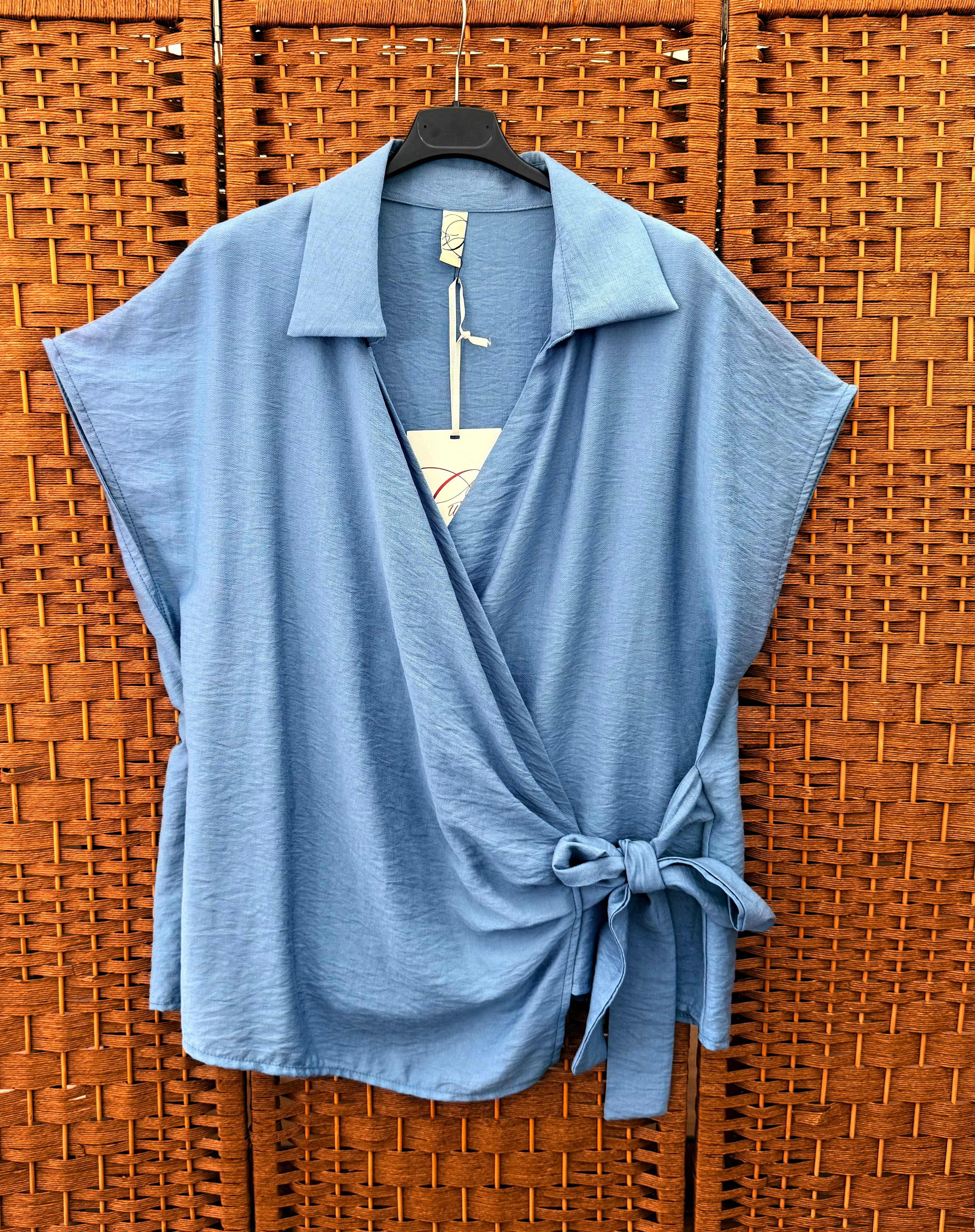 Viscose Blouse with Side Tie – Plus Size in Light Blue & White