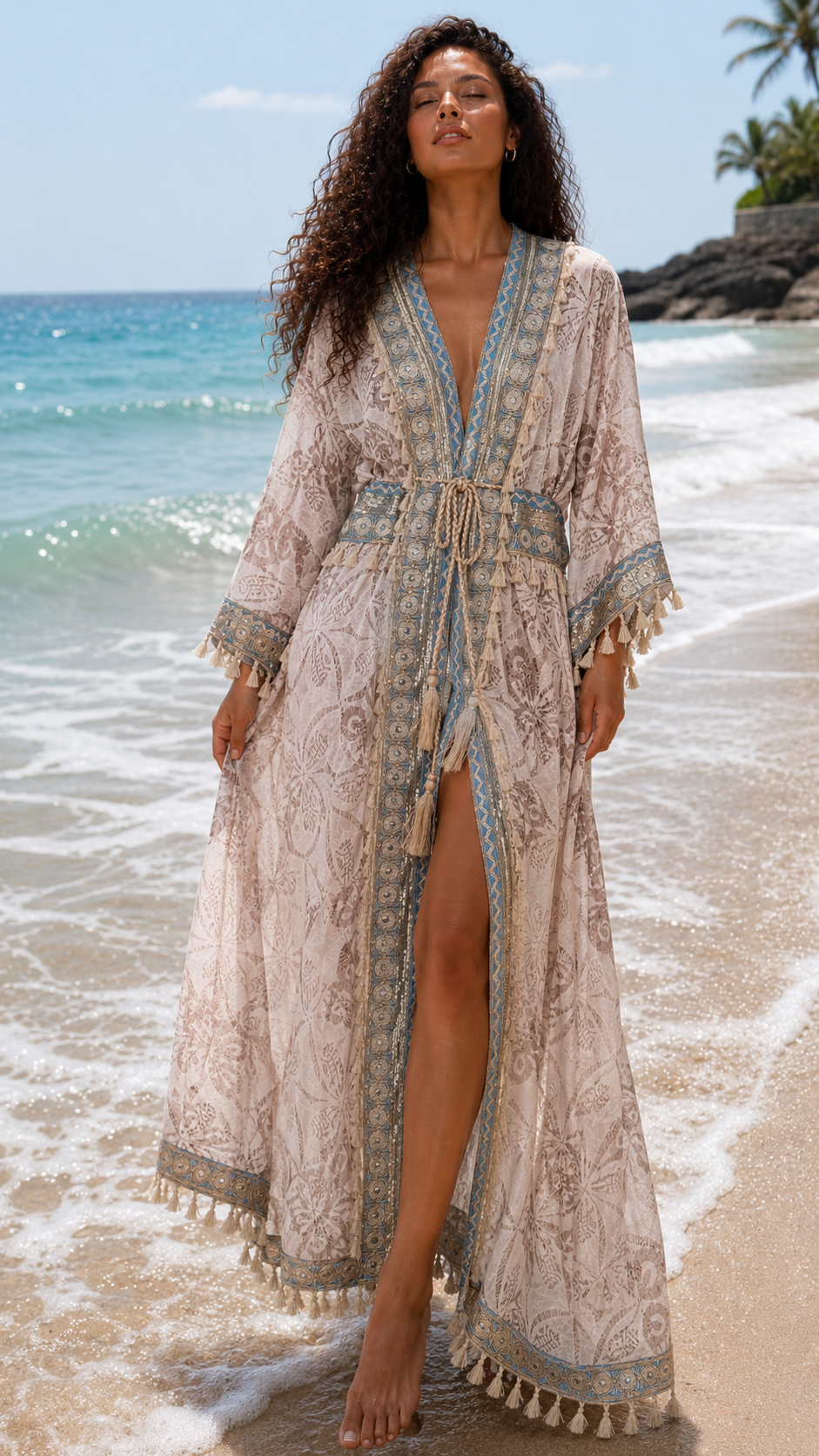 Lace Kimono Kaftan – Beige & Brown with Gold & Blue Details