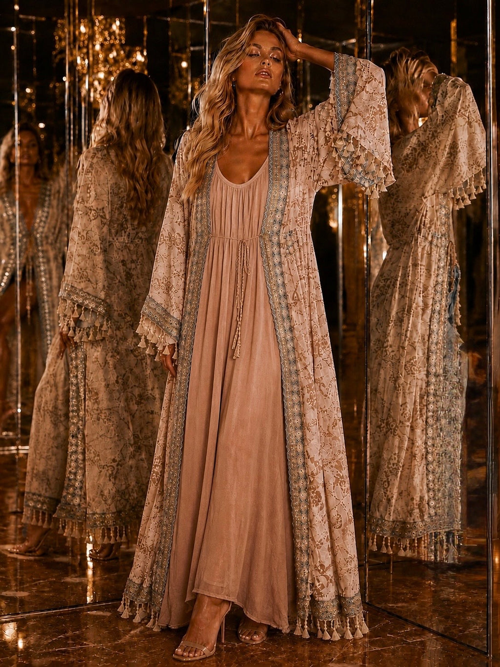 Lace Kimono Kaftan – Beige & Brown with Gold & Blue Details