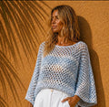 Open-Knit Viscose Top – Light Blue & White with Wide Sleeves