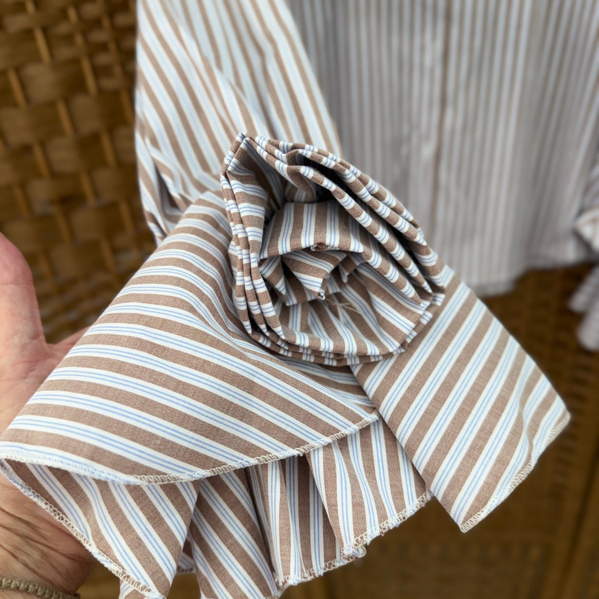 Cotton white shirt with light brown and blue stripes and frilled sleeve
