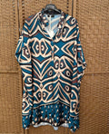 Dress with beige brown and dark turquoise patterns, oversized