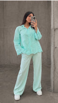 Plissé Viscose Trousers – Light Turquoise & Yellow