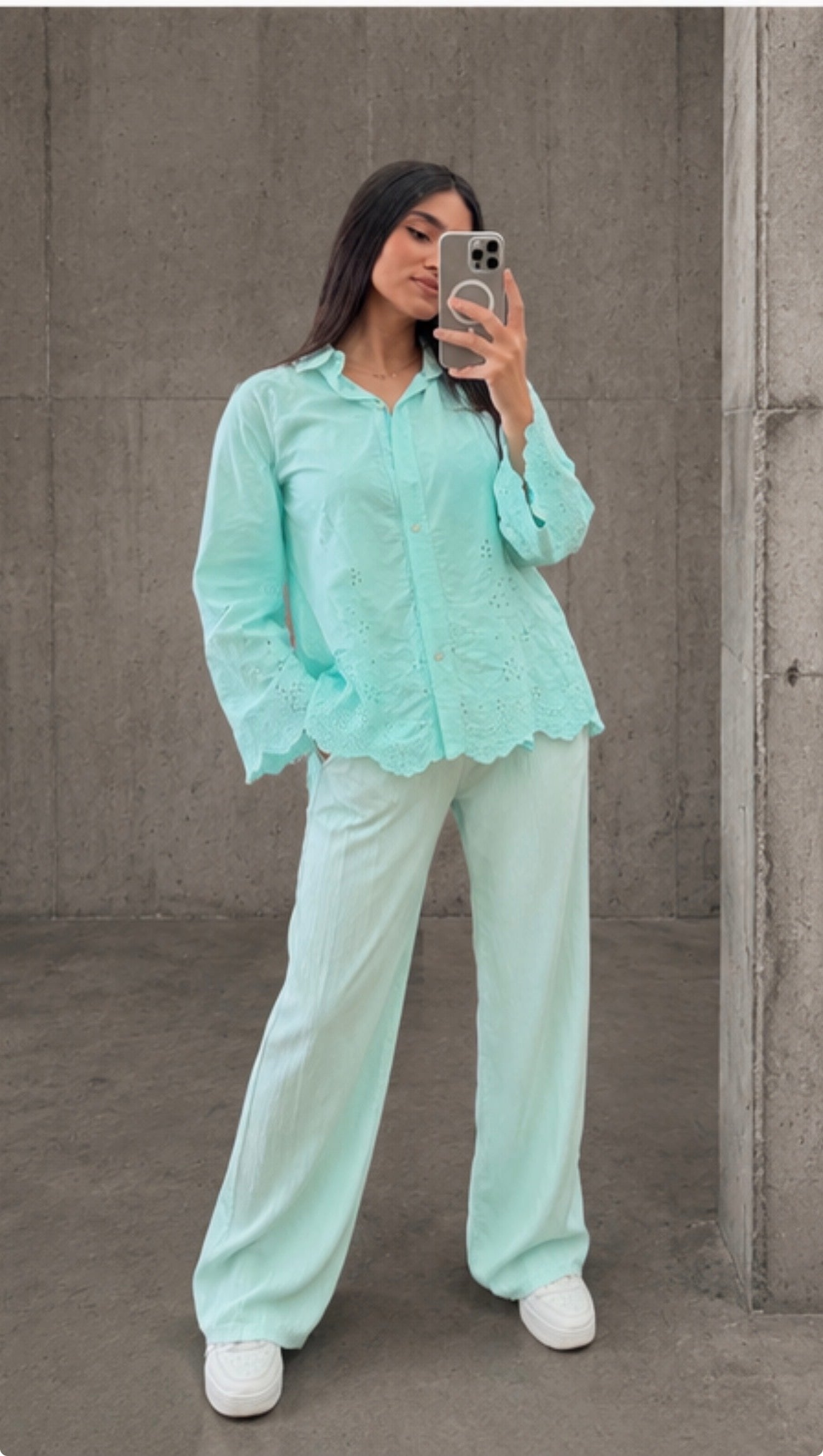 Plissé Viscose Trousers – Light Turquoise & Yellow