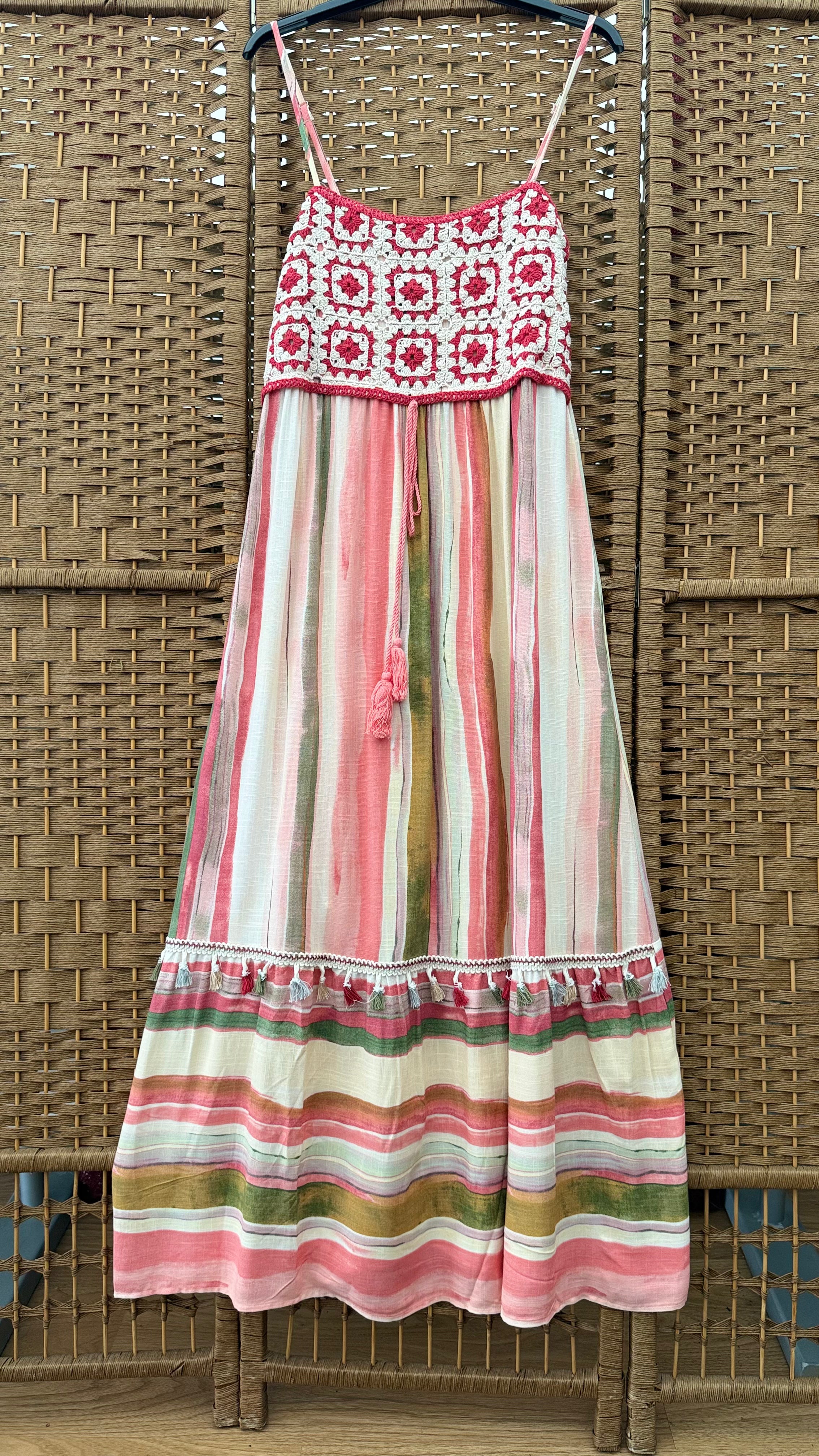 Viscose & Cotton Midi Dress – Paint Strip Print with Embroidered Front