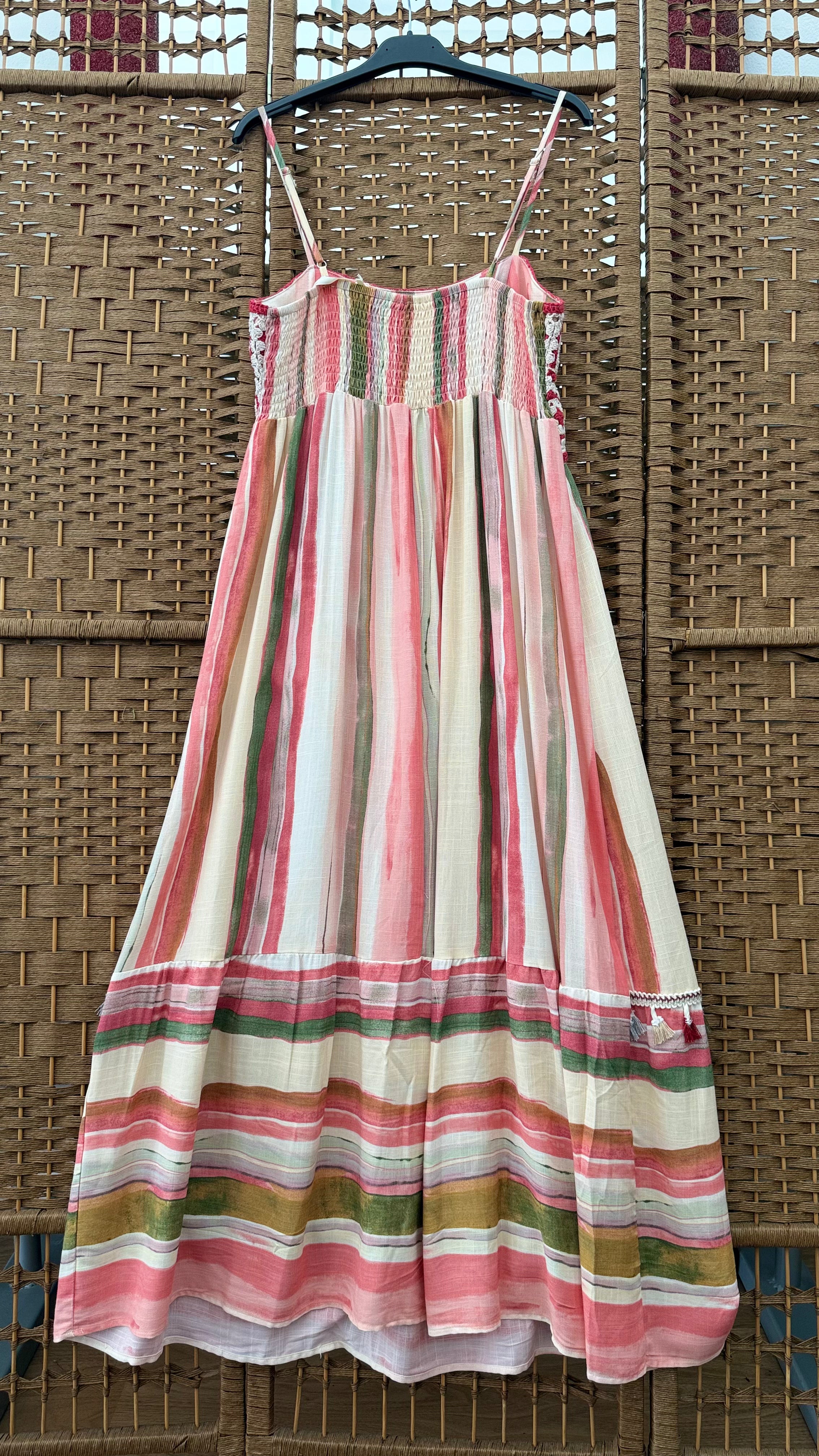 Viscose & Cotton Midi Dress – Paint Strip Print with Embroidered Front