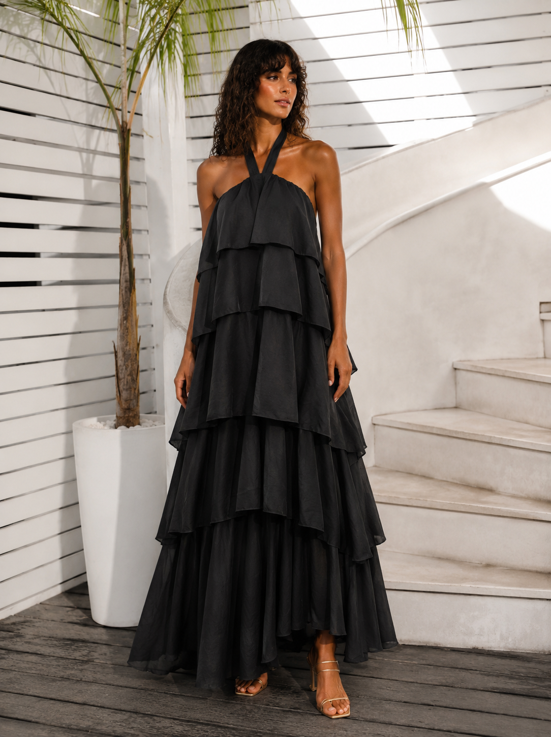 Black Viscose Dress with Long Frills