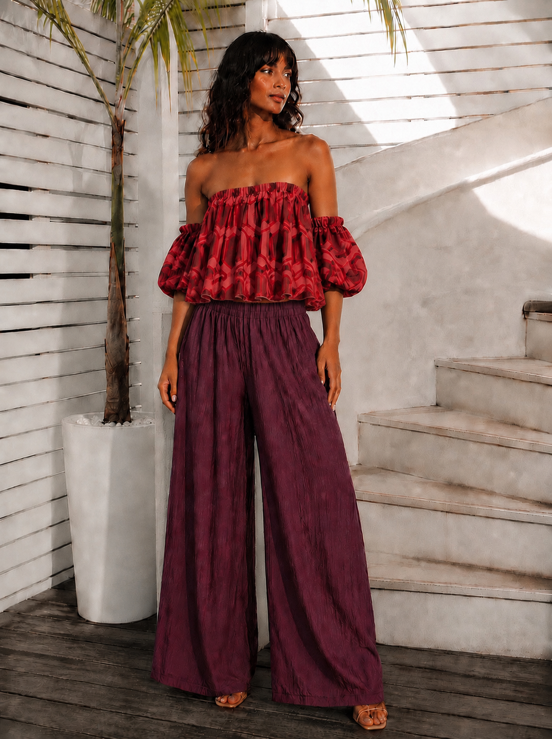 Strapless Top with Detached Sleeves – Red Ombre, Below-Waist Length