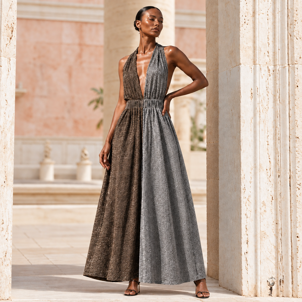 Glamorous dress with shiny bronze and silver fabric