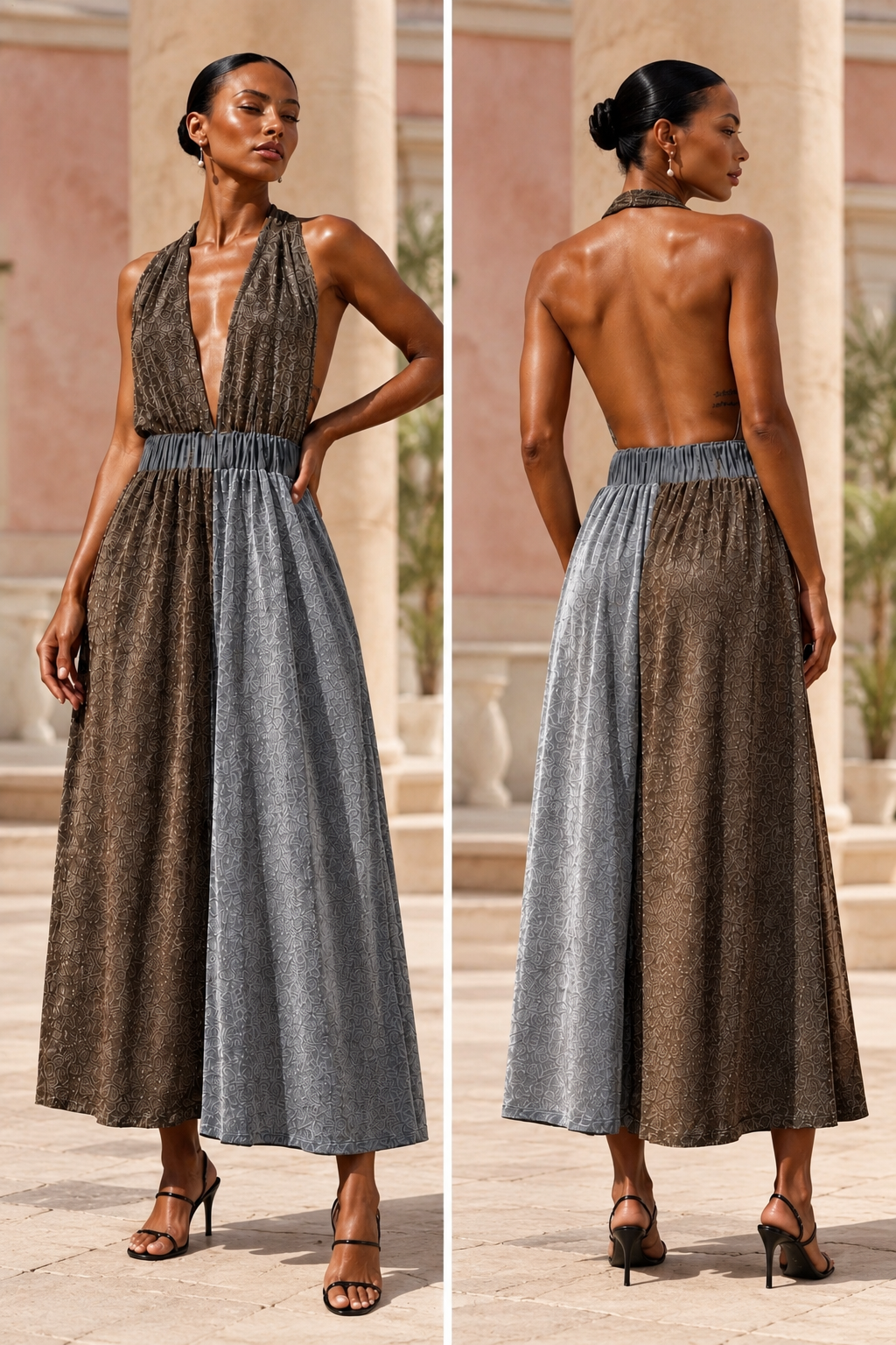 Glamorous dress with shiny bronze and silver fabric