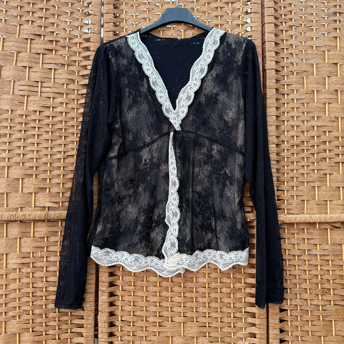Black Lace Top with Contrast Ivory Trim