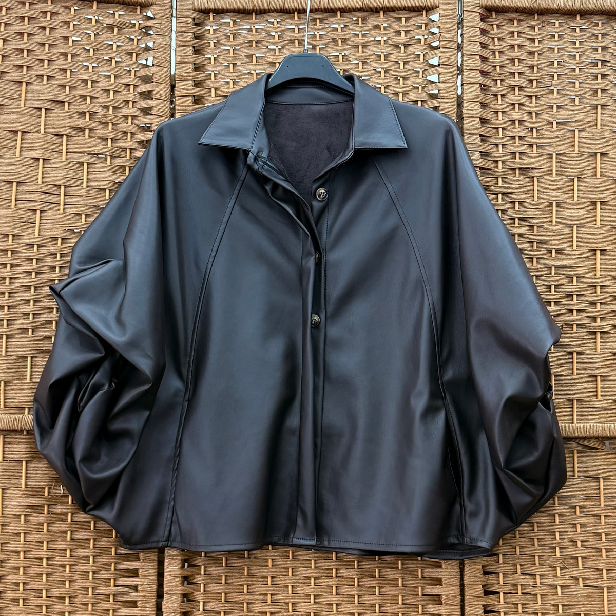 Leather-Look Jacket with Sculptural Sleeves
