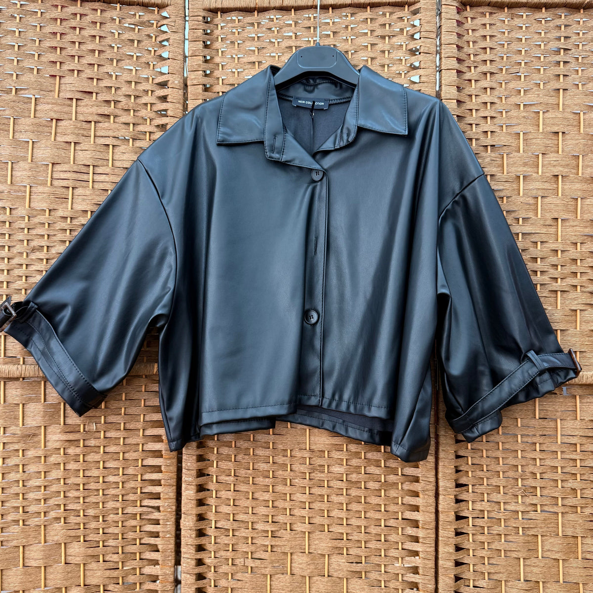 Leather-Look Cropped Jacket with Buckle Cuffs