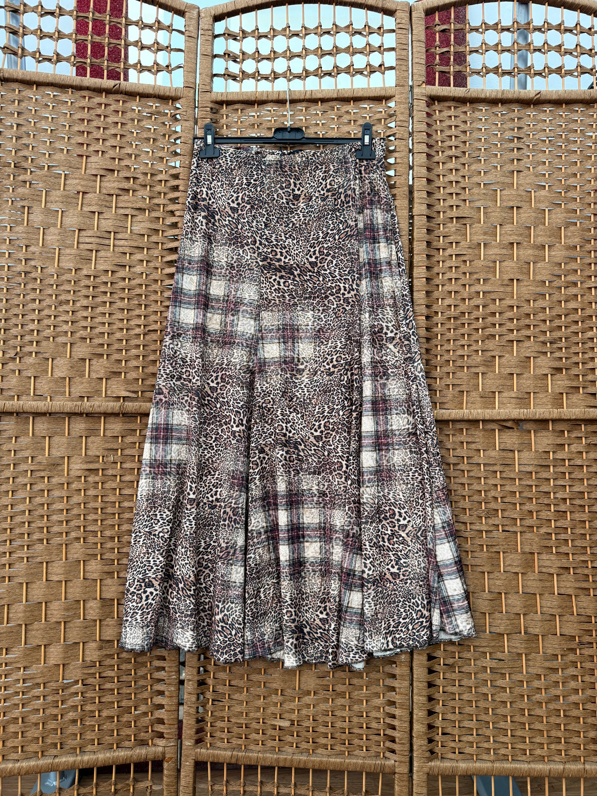 Leopard & Check Print velvet Maxi Skirt