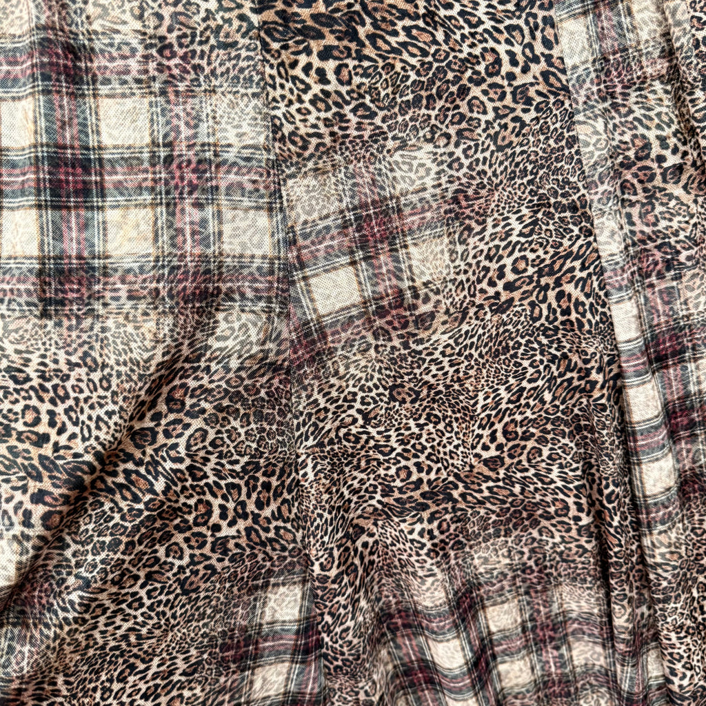 Leopard & Check Print velvet Maxi Skirt