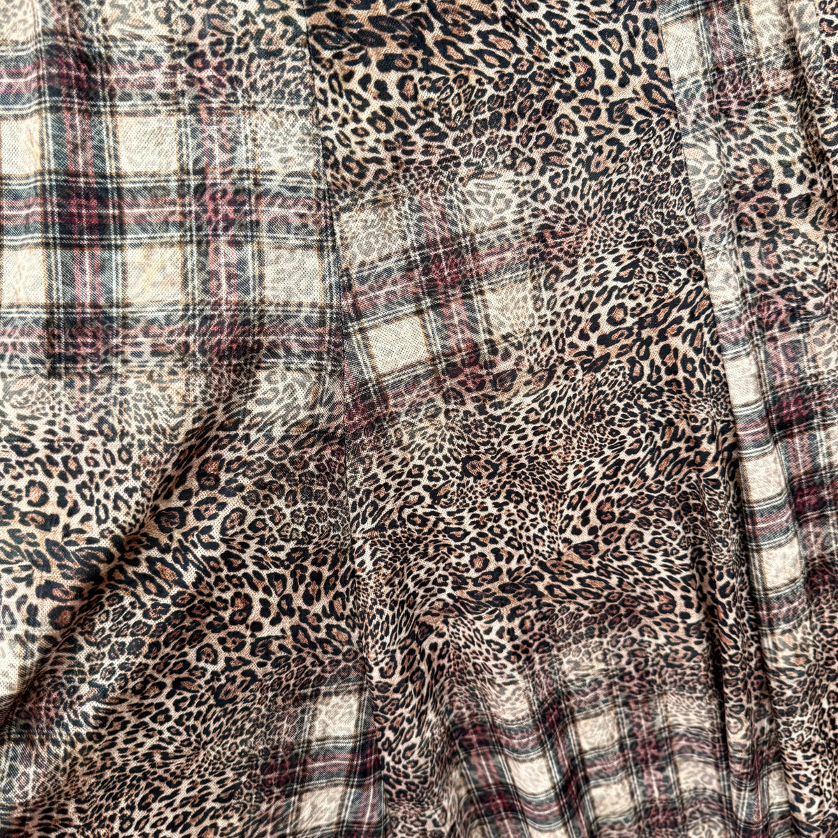 Leopard & Check Print velvet Maxi Skirt