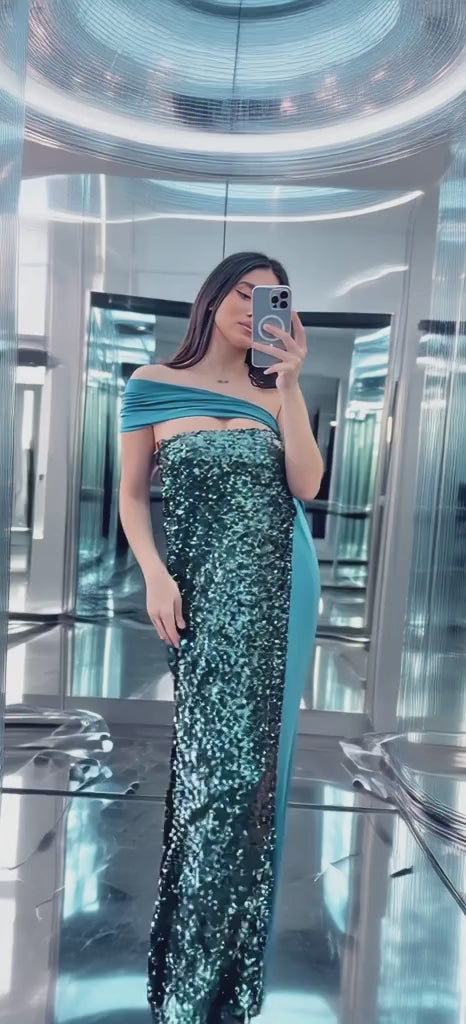 Silver & Dark Green Sequin Strapless Evening Dress