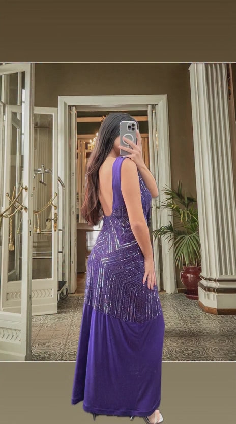 Violet Beaded Sequin Evening Dress
