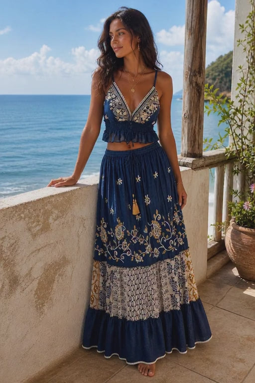 Boho Embroidered Crop Top – Dark Blue with Gold & Beige Detail